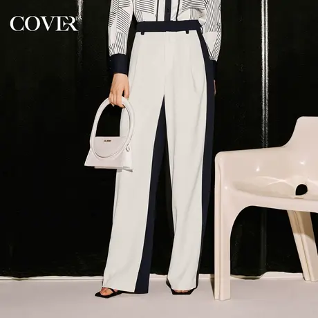 COVER秋季双色拼色休闲弹力阔腿裤图片