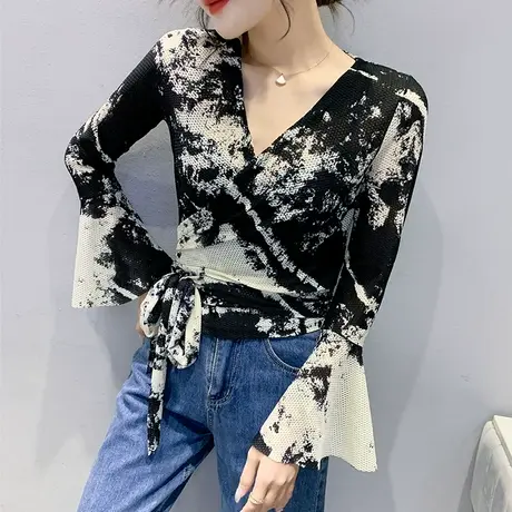 扎染印花防晒开衫女长袖夏季休闲轻薄上衣洋气绑带性感V领网纱T恤商品大图