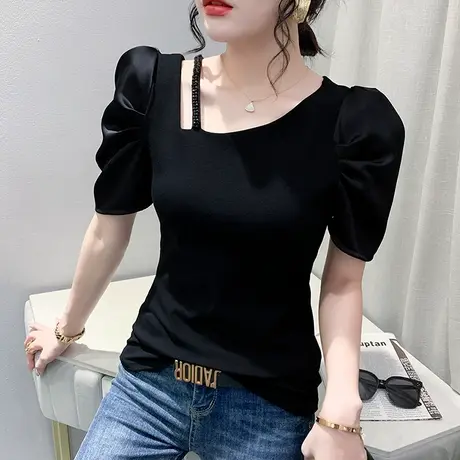 欧货泡泡袖上衣女夏季个性网红T恤短袖百搭显瘦小衫设计感体恤潮图片