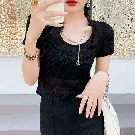 设计感闪亮丝T恤女短袖欧货2024新款辣妹短款上衣洋气修身小衫夏商品大图