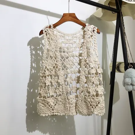 镂空针织马甲开衫女外穿夏季新款韩版宽松短款钩花背心上衣沙滩服图片