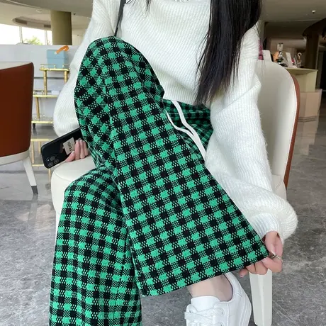 绿色格子阔腿裤女2023年春秋新款高腰垂感直筒宽松显瘦休闲拖地裤商品大图