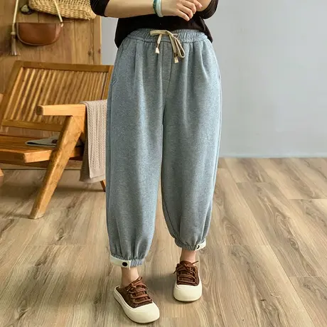 dza 高腰显瘦加厚宽松阔腿裤子女冬外穿加绒哈伦裤灰色卫裤休闲裤图片