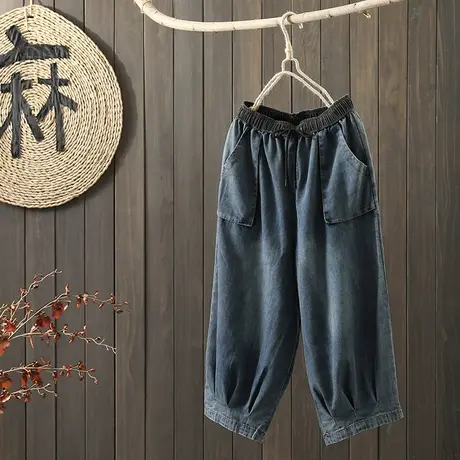 枫谜2021年夏季新款文艺复古拼接松紧腰牛仔九分裤女宽松哈伦裤图片