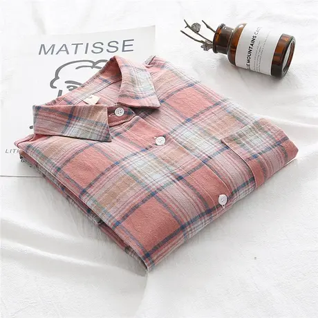 春秋新款文艺简约休闲格子长袖衬衫女韩版百搭中长款宽松衬衣开衫商品大图