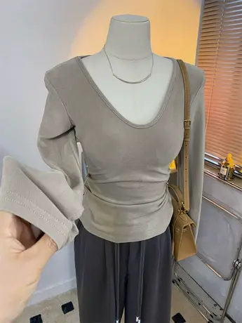 基础款穿搭~羊绒柔软保暖低领口鸡心领修身套头打底衫长袖T恤女秋商品大图