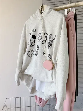 前后卡通笑脸印花秋冬加绒加厚宽松大码女款美式洋气连帽卫衣外套商品大图