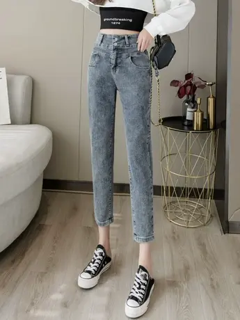 小脚哈伦牛仔裤女春装150矮小个子搭配显高八分萝卜裤高腰老爹裤商品大图