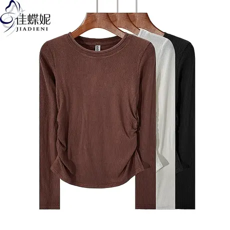 秋冬新款圆领修身螺纹褶皱纯欲纯棉磨毛长袖体恤上衣内搭女打底衫商品大图