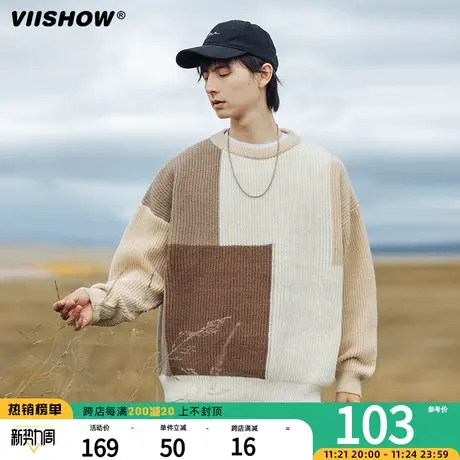VIISHOW潮牌毛衣秋冬季圆领休闲男生宽松套头运动针织衫内搭上衣商品大图