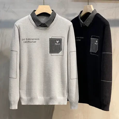 假两件毛衣男衬衫领薄款商务上衣服打底针织衫男士羊毛衫春秋新款图片