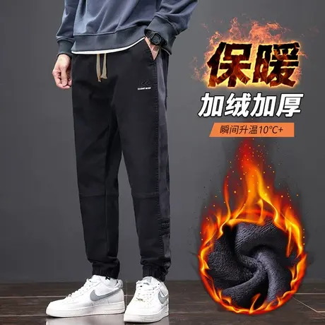 高级感加绒加厚骑行防风美式工装秋冬款男生条纹束脚休闲裤子冬季商品大图