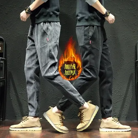 高端柔软雪尼尔休闲裤子男冬季灯芯绒宽松秋季加绒黑色束脚卫裤男商品大图