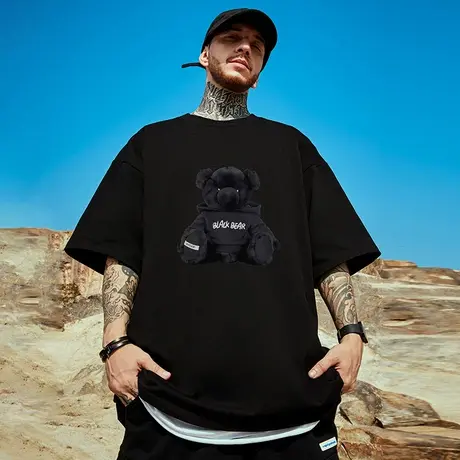 300g重磅美式小熊情侣短袖t恤街头大码黑色圆领纯棉胖子半袖男潮商品大图