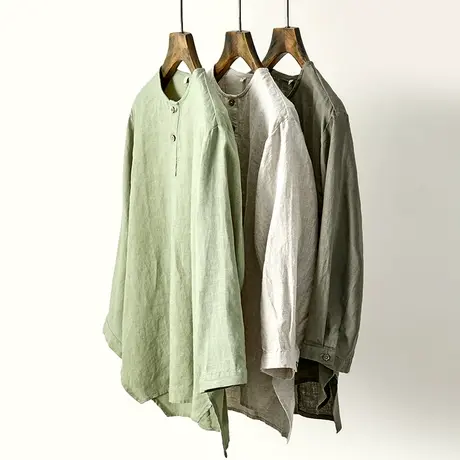 日系亚麻衬衫男七分袖立领休闲宽松上衣复古棉麻圆领男士白衬衣潮商品大图