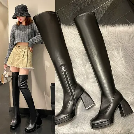 永希方头过膝长筒靴女秋冬2022新款加绒高筒靴法式粗跟高跟骑士靴商品大图