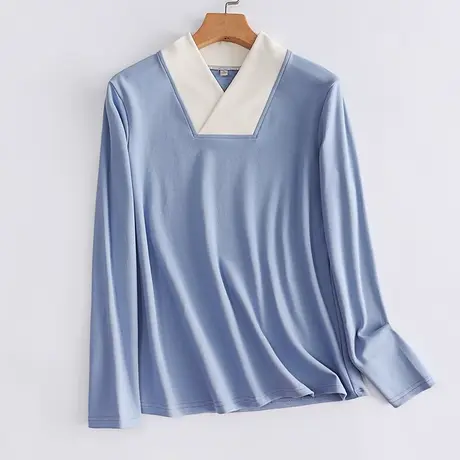 V领护颈长袖T恤中式改良上衣撞色打底衫图片