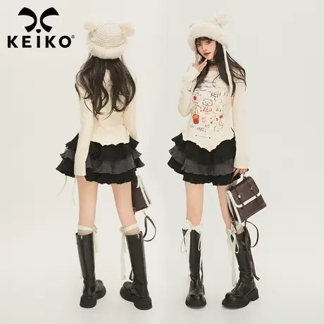 KEIKO涂鸦风印花长袖t恤女2024早春甜辣妹木耳边收腰显瘦打底上衣图片