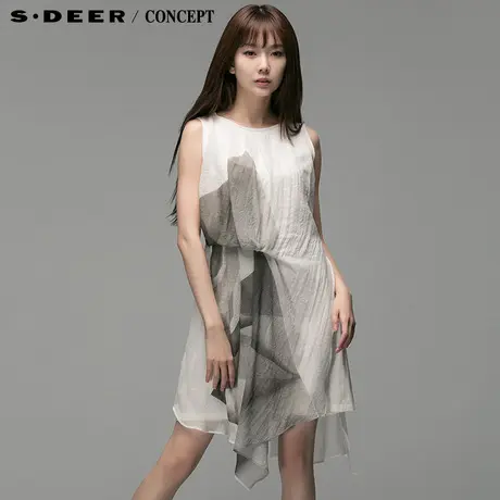 sdeer圣迪奥抓皱感灰白几何雪纺裙子连衣裙女夏S14281284图片