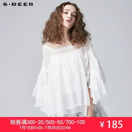 sdeer圣迪奥纯色清透韩式宽松公主袖系绳上衣S17280470图片