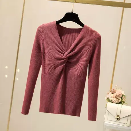 粉红大布娃娃性感交叉V领显瘦针织衫商品大图