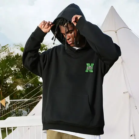 Nuthink加绒加厚美式字母连帽卫衣男春秋款保暖潮牌宽松大码外套商品大图