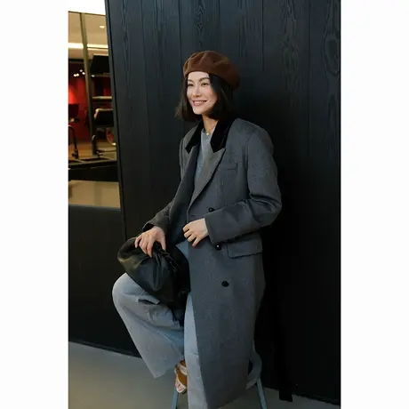 23冬季新款女装复古气质双排扣拼接羊毛女士长款呢子大衣外套女图片