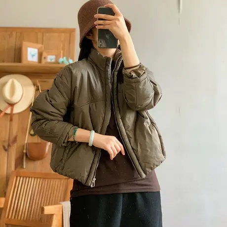 dza 复古短款立领纯色加厚棉服上衣女冬季新款宽松棉衣外套女棉袄商品大图