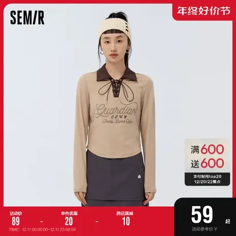 森马长袖T恤女短款撞色小众气质2023春季新款美式字母上衣复古风图片
