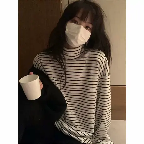 条纹内搭德绒保暖打底衫女秋冬季宽松显瘦加厚加绒半高领长袖T恤商品大图