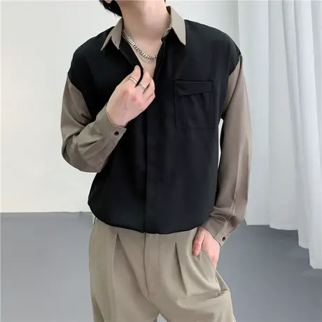 秋季男士衬衫上衣长袖宽松潮流韩版INS休闲撞色设计感发型师衬衣商品大图