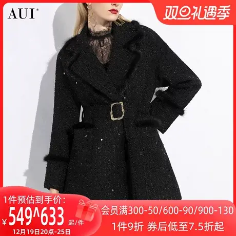 AUI黑色水貂毛西装毛呢外套女冬2023新款御姐气质中长款呢子大衣图片
