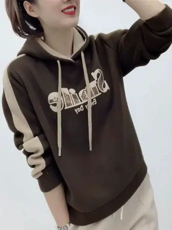 时尚连帽卫衣冬季新款休闲洋气字母印花加绒宽松加厚保暖减龄上衣商品大图
