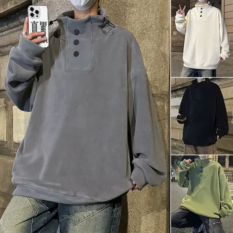 排扣纯色摇粒绒卫衣男春秋季新款美式oversize宽松加厚加绒外套潮商品大图