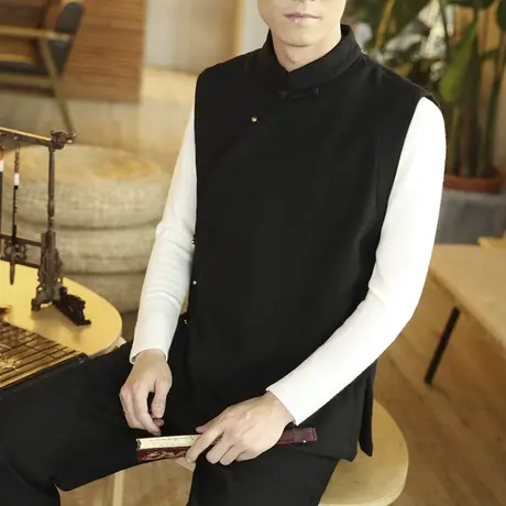 冬加绒马甲汉服大码男盘扣古装影视表演清朝民国服装复古棉麻坎肩图片