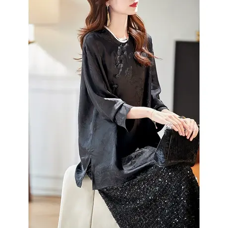 宝诗黎新中式钉珠提花长袖雪纺衫2024春季气质高级感宽松女装上衣图片
