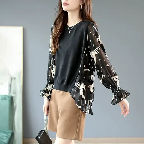 宝诗黎喇叭袖拼接针织衫春季印花长袖毛衣女新款2024宽松短款上衣图片