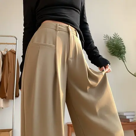 卡其色阔腿西装裤女春夏新款高腰宽松小个子直筒垂感休闲拖地裤子商品大图