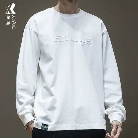 希越260g重磅纯棉T恤男2024春季美式宽松大码男士钢印长袖打底衫商品大图