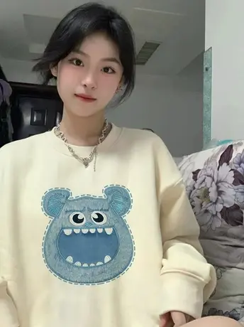 小怪兽日系圆领卫衣女秋冬季加绒加厚小众设计感宽松潮牌上衣外套图片