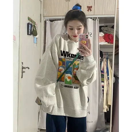 圆领灰色卫衣女秋冬加绒小众设计感潮牌美式复古炸街oversize上衣商品大图