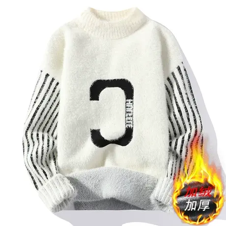 秋冬季新款水貂绒毛衣男韩版潮流半高领加绒加厚针织打底衫潮牌帅图片