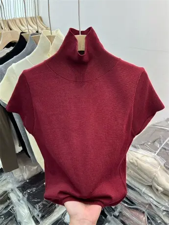 新年红高领纯色T恤修身套头螺纹针织短袖女2024早春爆款百搭上衣商品大图