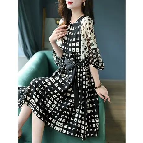 宝诗黎圆领灯笼袖印花连衣裙2024夏新款气质七分袖显瘦中长裙子女商品大图
