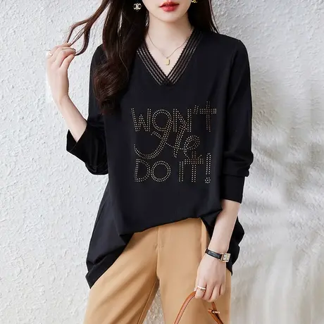 长袖t恤女春秋新款加肥加大码女装宽松中长款遮肚子洋气V领打底衫商品大图