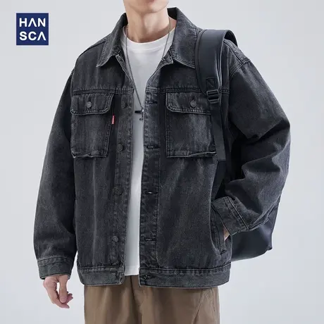 hansca牛仔夹克外套男春秋款青少年日系潮牌宽松休闲翻领工装上衣商品大图