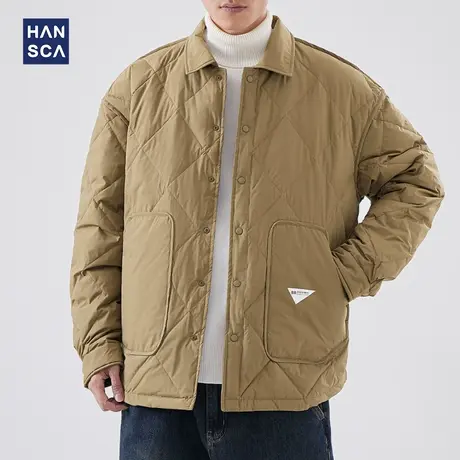 hansca轻薄90白鸭绒羽绒服男士冬季潮牌保暖菱形格衬衫式短款外套图片