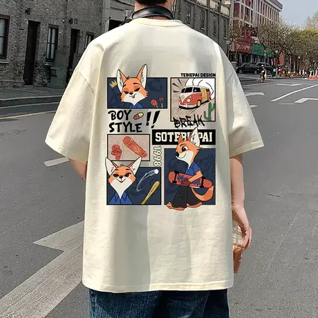重磅纯棉短袖t恤男夏季2024新款狐狸印花休闲男生体恤宽松上衣服商品大图