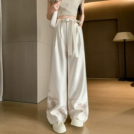 新中式国风阔腿长裤女2024新款缎面提花高腰软糯垂感休闲直筒裤子商品大图