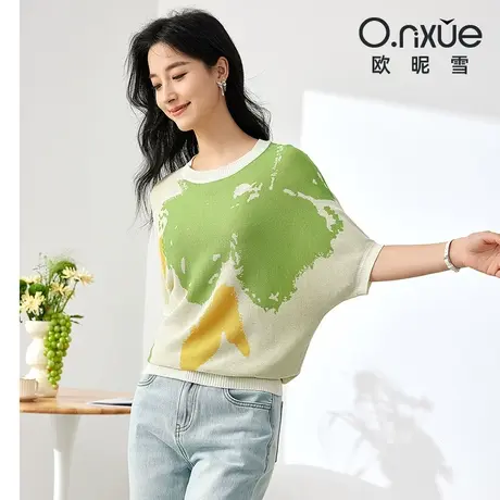 欧昵雪2024夏季新款针织衫女五分蝙蝠袖罗纹圆领薄款宽松针织上衣商品大图